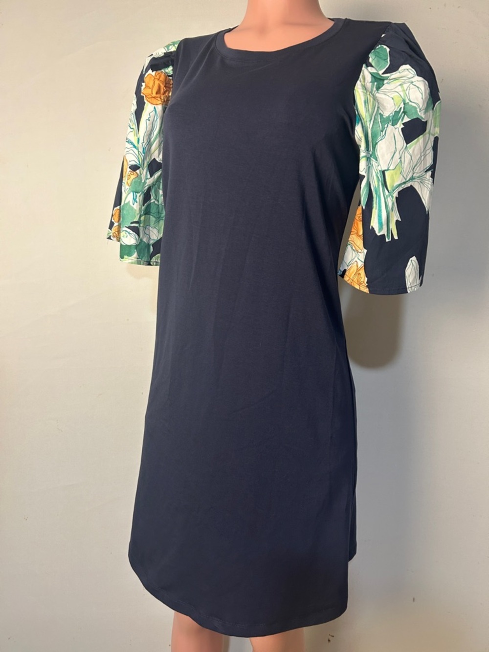 Chico's Sheath Cotton Dress Floral Puff Sleeves T-Shirt 1 Navy Blue L